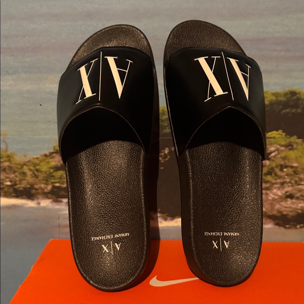 Armani Exchange Black Slide Sandals with White AX Logo